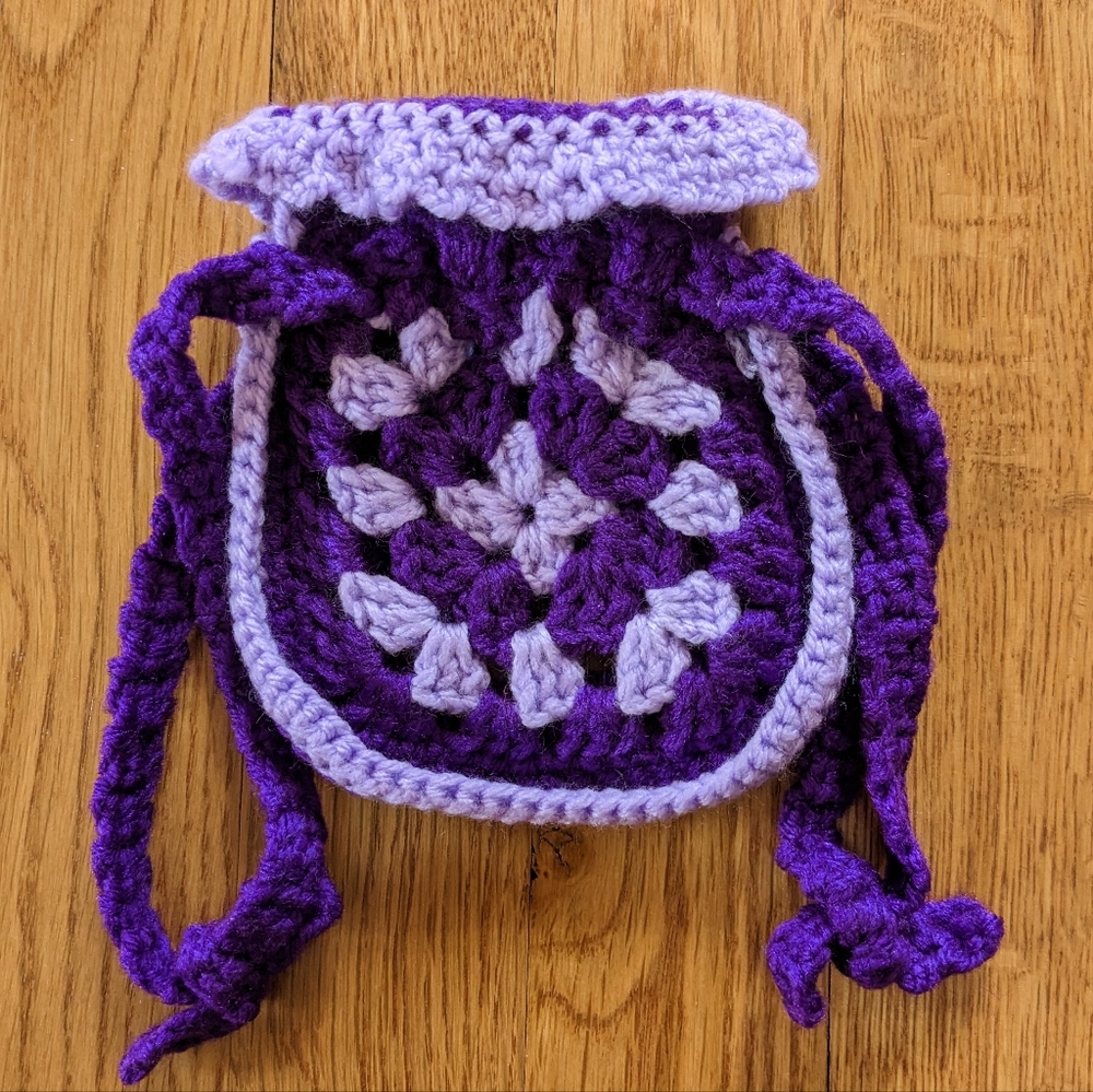 Hand crocheted purple pouch with drawstring